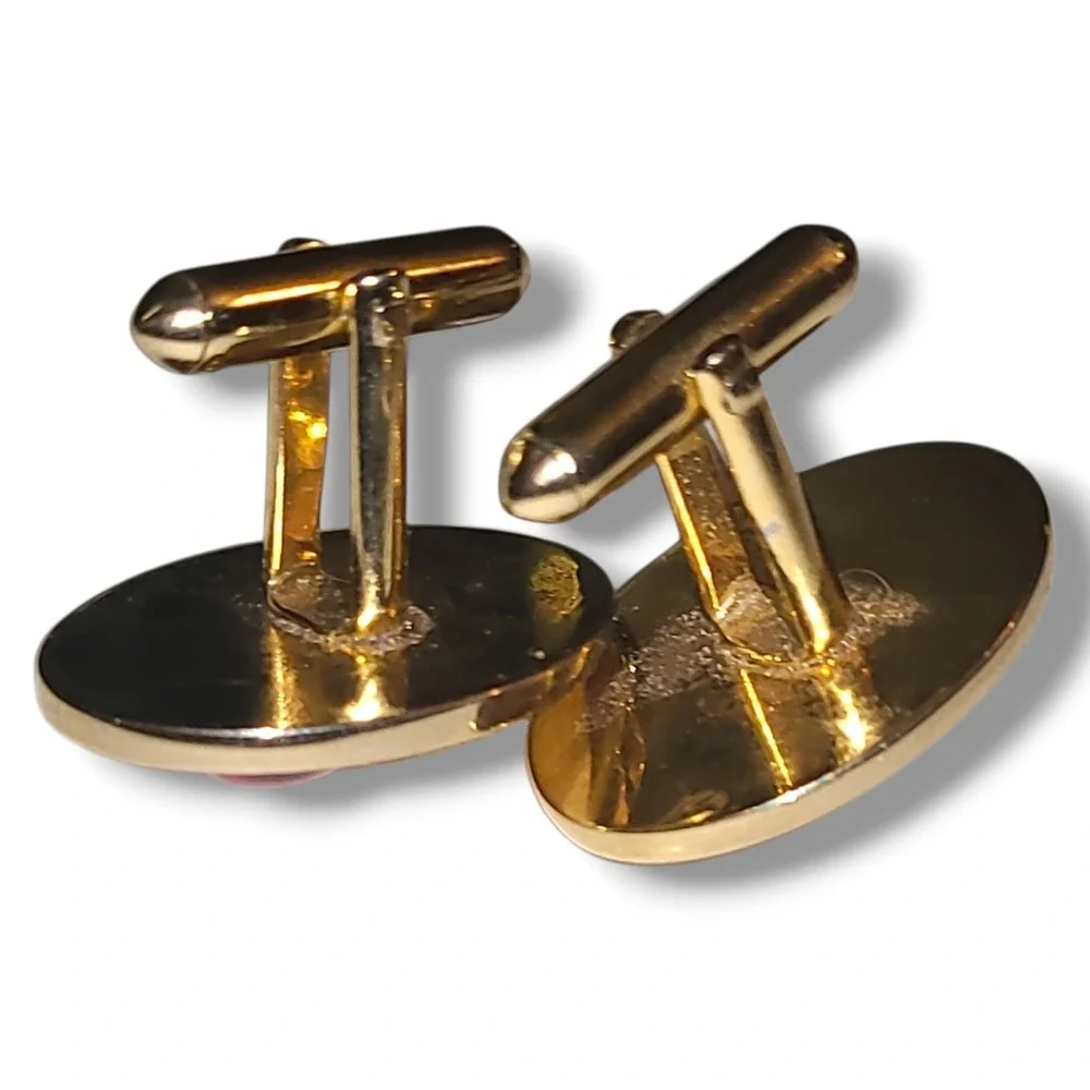 Vintage Gold Tone Pink Cabochon Cufflinks Oval Mens Formal Retro